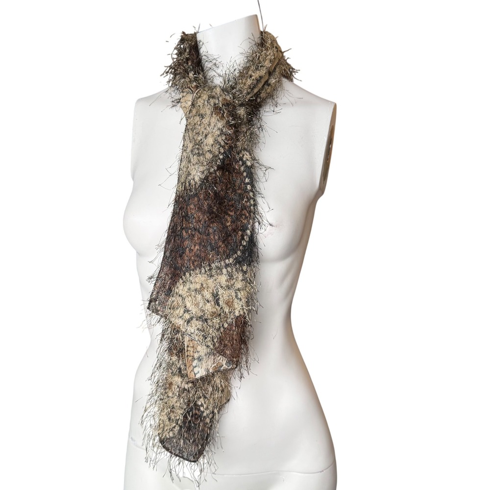 Vintage Animal Print Eyelash Knit Scarf Brown Tan Retro Mob Wife Old Money  OS